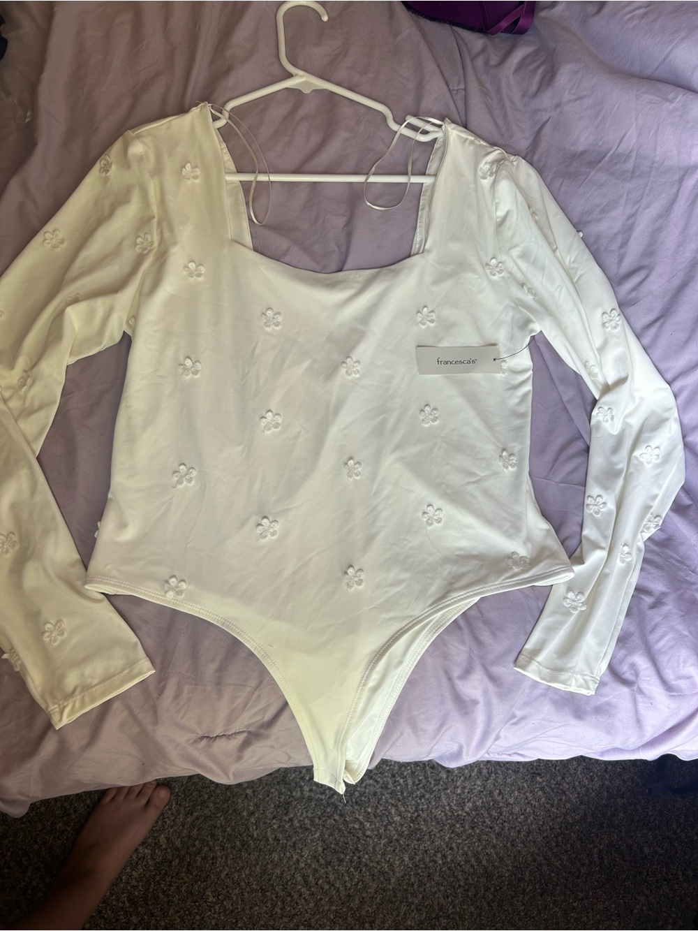 Francesca's White Long Sleeve Floral Appliqué Square Neck Bodysuit